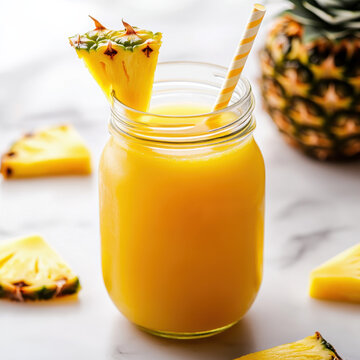 Bright yellow cold-pressed pineapple juice in a mason jar with a paper straw, fresh pineapple slices surrounding it, placed on a clean white marble surface, high-quality stock image with copy 