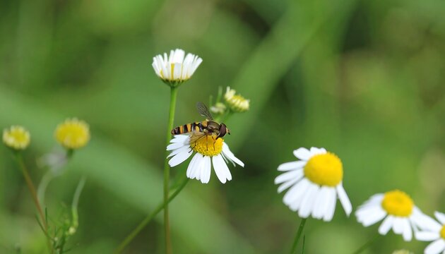 A hoverfly rests delicately on a vibrant white daisy, showcasing its intricate markings against a soft backdrop of out-of-focus wildflowers.
