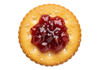 Round cracker with red jam and salt crystals on background biscuit