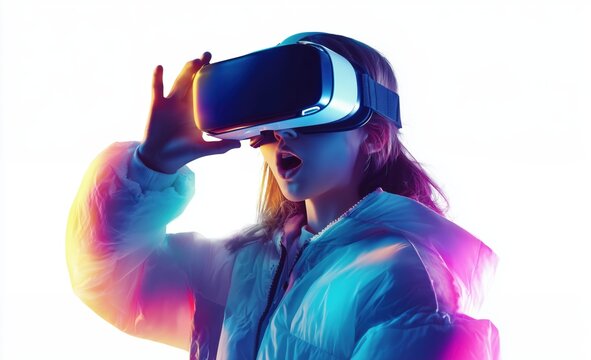 Woman in a puffy jacket wearing a VR headset, with amazed facial expression, neon lighting and white background. Immersion, virtual exploration backdrop.