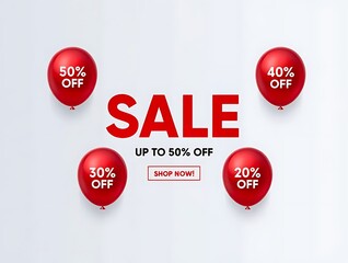 Big sale promotional background featuring shiny red balloons with discount percentages and bold typography perfect for online stores, e-commerce marketing and advertising templates