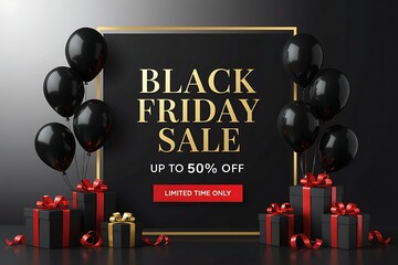 Luxury shopping promotion black friday sale banner with elegant golden frame, glossy black balloons, festive gift boxes, sparkling red ribbons, and bold typography for ecommerce marketing campaigns