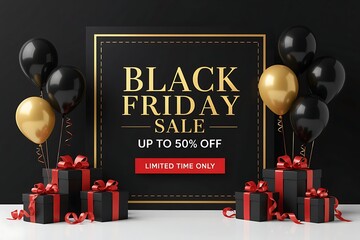 Modern ecommerce advertising template for black friday event featuring luxury golden frame, bold typography, decorative holiday elements, floating balloons, and wrapped gifts for online shopping camp