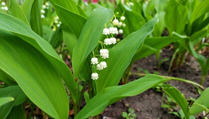 Obraz premium Lush white flowers with vibrant green leaves in a garden bed