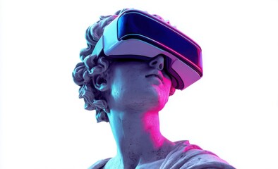 Classical marble statue wearing a VR headset, lit with pink blue neon light. Timeless art with cutting‑edge tech contrasting background