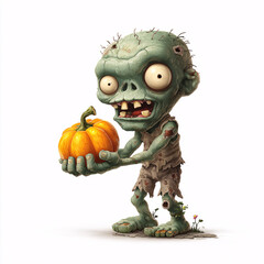 A friendly cartoon zombie character holding a pumpkin, perfect for a lighthearted Halloween design on apparel.