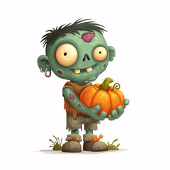A friendly cartoon zombie character holding a pumpkin, perfect for a lighthearted Halloween design on apparel.