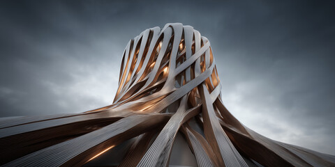 Highly Detailed 3D Futuristic Skyscraper Ascending into Clouds, Representing Architectural Ambition and Urban Development