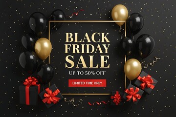 Premium black friday seasonal promotion poster with stylish black balloons, golden borders, shiny gift packages, festive ribbons, and bold lettering perfect for online stores, marketing ads, and camp