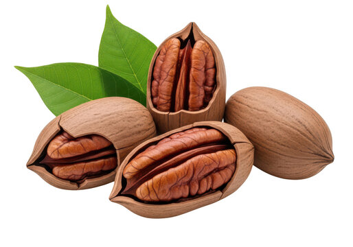 Shelled and unshelled pecans with green leaves on background nuts food