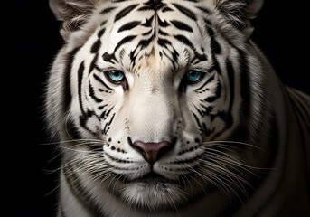 Fototapeta premium Majestic white tiger with stunning blue eyes stares intensely against a black background