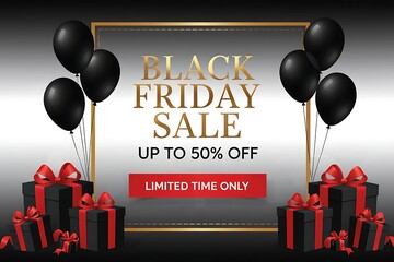 Black friday holiday sale poster with elegant gold frame, glossy black balloons and luxury gift boxes wrapped in red bows, up to 50% off limited time promotion for online shopping banners and market