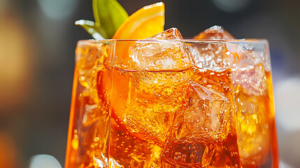 Close up of a glass filled with a vibrant orange cocktail garnished with an orange slice and green leaf