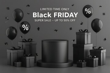 Black friday sale event banner design with glossy balloons, luxury gift packages, elegant ribbon bows, round cylinder pedestal and clean minimalist background for ecommerce, retail, promotions and add
