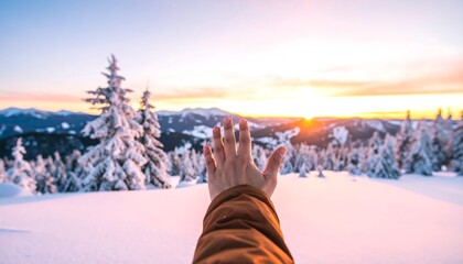 A hand reaching out towards a breathtaking winter sunrise over a snow-covered mountain landscape.