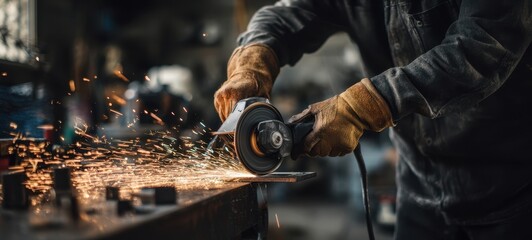The angle grinder in a metalworker's hands sending sparks across a workshop bench