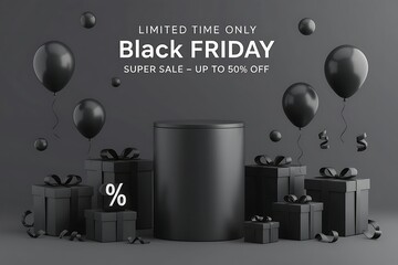 Black friday ecommerce advertisement with black gifts, bows, glossy balloons, cylinder podium, white minimalist background for luxury sale promotions, online retail design and special holiday shopping