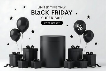 Black friday discount sale illustration with glossy balloons, wrapped gift boxes, round pedestal, monochrome minimal layout, and elegant shopping background for promotional design and ecommerce