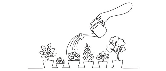 Continuous one line drawing water the plants to maintain a good environment. World environment day concept. Single line draw design. Vector black silhouette. with white background