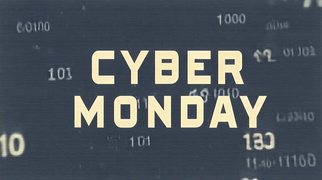 distorted title CYBERMONDAY with pixel glitches and floating code on a dark screen