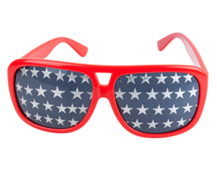  Fun Patriotic Sunglasses with Oversized Red Frames and Star Motif, Isolated PNG