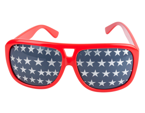  Fun Patriotic Sunglasses with Oversized Red Frames and Star Motif, Isolated PNG
