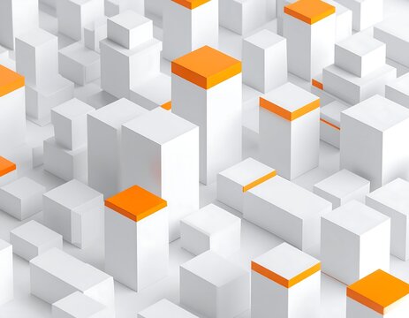 Fototapeta Abstract city of white cubes with orange accents