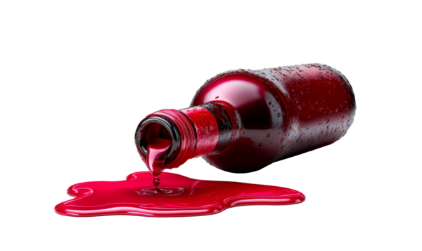 Spilled red liquid from a glass bottle on a surface Isolate on Transparent Background, cutout, png