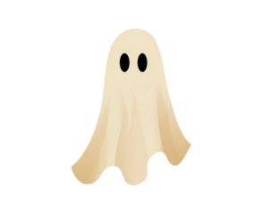 Cute ghost illustration with beige sheet and black eyes on transparent background, PNG