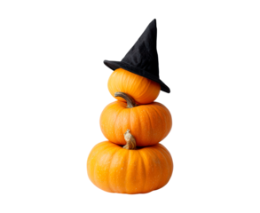 Three pumpkins stacked with witch hat and cat for halloween festivities on transparent background, PNG