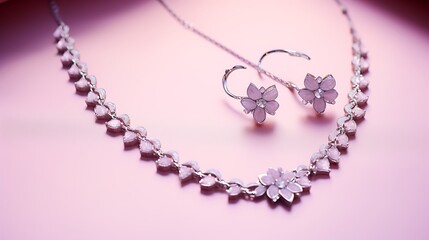 American diamond jewelry set with swirling vine motifs, displayed on a lilac purple background with diffused white light to enhance the shine, full-frame,
