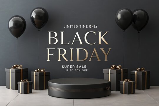 Modern ecommerce background featuring a round pedestal, luxury black and gold gift packages, glossy balloons and circular wall frame suitable for advertising black friday retail campaigns and business
