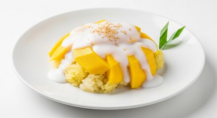 A delicious serving of mango sticky rice, a popular Thai dessert, presented on a white plate with a garnish of sesame seeds and a pandan leaf.