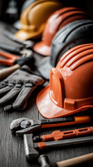 Fototapeta premium Protective gloves, sturdy tools, and a hard hat arranged on a workbench, representing safety culture, skilled labor, and reliable equipment for construction, maintenance