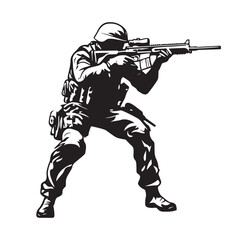 Stylized vector illustration of a modern soldier in combat stance aiming sniper rifle with scope, high contrast black and white military artwork, bold linework tactical gear silhouette design, isolate