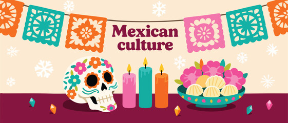 Fototapeta premium Celebrate vibrant Mexican culture with festive skull, candles, and papel picado decorations for Day of the Dead