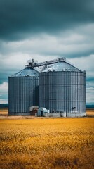 Awesome photo of agricultural silos storage grain field. Large industrial farming structures in rural landscape.