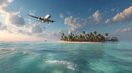 Naklejka premium Awesome photo of commercial jet plane descends towards tropical paradise island.