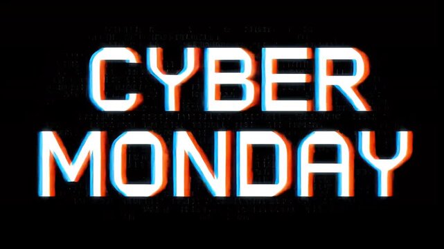 distorted title CYBERMONDAY with pixel glitches and floating code on a dark screen