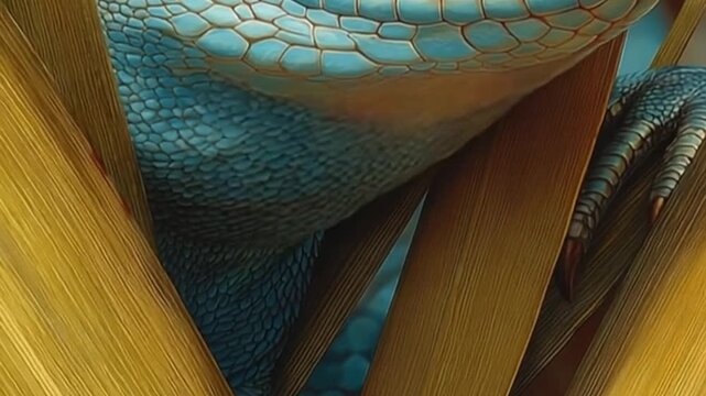 Detailed close-up view of a lizard-like creature, showcasing intricate scales and textured foliage.