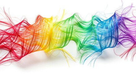 Obraz premium A vibrant rainbow wave of colorful strands of hair flowing against a white background.