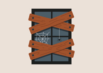 Boarded up window with wooden planks and spiderweb, creepy decoration for haunted house or Halloween night theme. Flat vector illustration