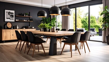 Modern dining room with garden view.