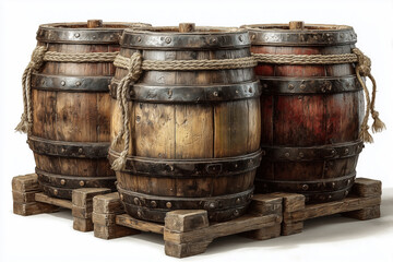 Fototapeta premium Classic wooden pirate barrels on a wooden pallet, showing signs of wear and usage, isolated on white background, suitable for nautical, pirate, or rustic themes.