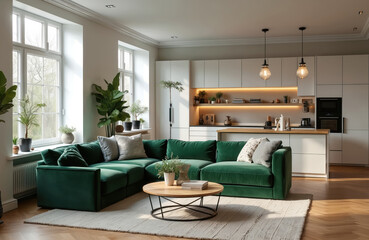 Fototapeta premium Modern Scandinavian living space with green velvet sofa, wooden coffee table. Features white kitchen cabinets, large windows providing ample natural light, indoor plants enhancing serene atmosphere.