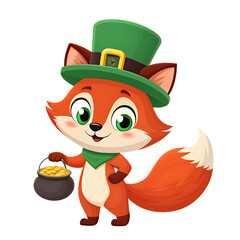 Fototapeta premium Cute st patrick's day fox cartoon vector illustration with pot of gold and hat design on transparent background