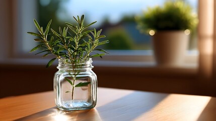 Potted plant on a wooden table by a window