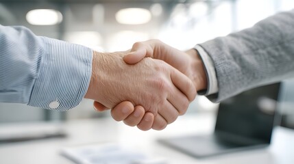 Business Handshake – Close-Up of Two Professionals Shaking Hands in a Modern Bright Office