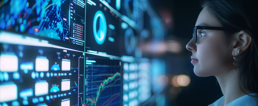 A focused young woman wearing glasses, looking intently at a large wall of glowing digital screens monitoring multiple data screens