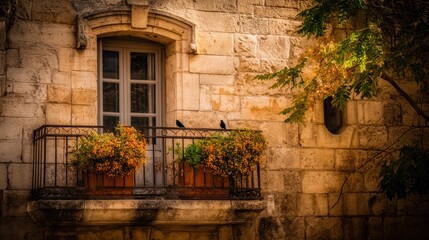 Stone building with balcony and birds